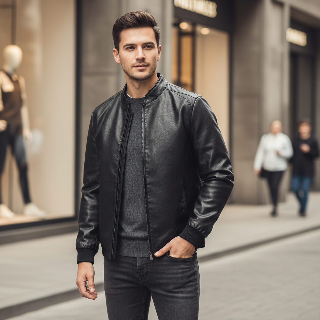 Veste En Cuir à Col Montant