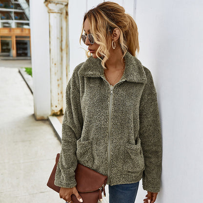 Veste en peluche – Patchwork et zip frontal