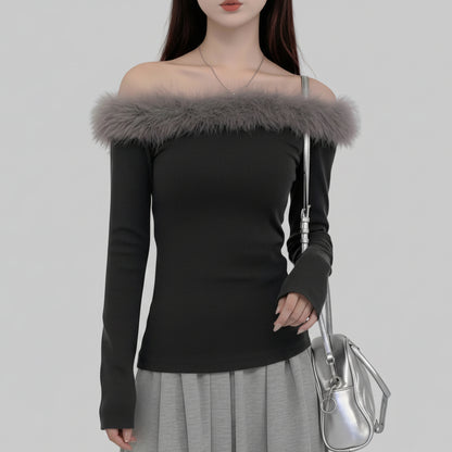 Top – Asymmetrical shoulders, fluffy fabric 