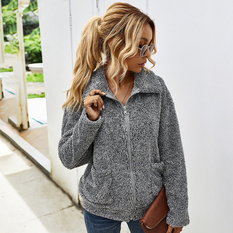 Veste en peluche – Patchwork et zip frontal