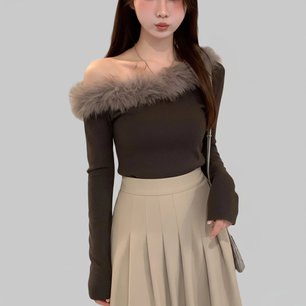 Top – Asymmetrical shoulders, fluffy fabric 