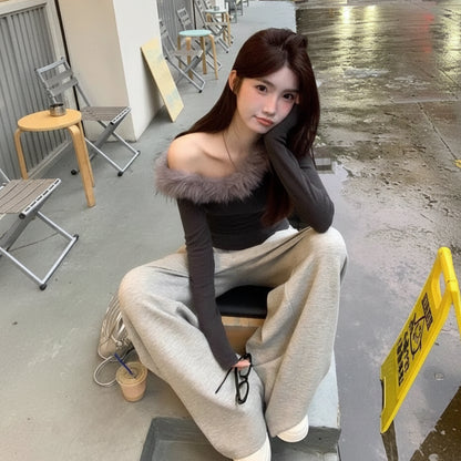 Top – Asymmetrical shoulders, fluffy fabric 