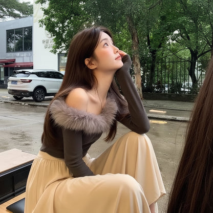 Top – Asymmetrical shoulders, fluffy fabric 